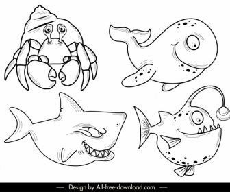 바다 종 아이콘 게 상어 고래 물고기 스케치
