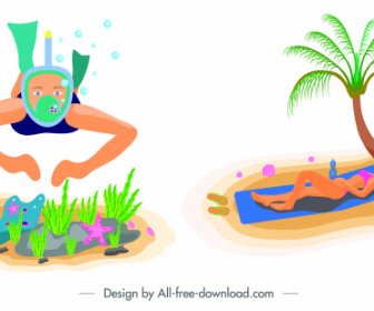 ícones De Viagens Mar Mergulho Esboço Para Banhos De Sol De Mulher