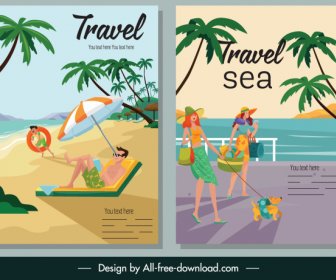 海上旅遊海報彩色卡通素描