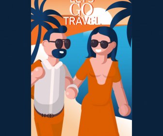 Sea Travel Poster Happy Couple Sketch Cartoon Design