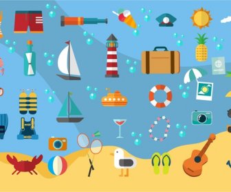 Sea Travel Vector Illustration With Colored Flat Icons