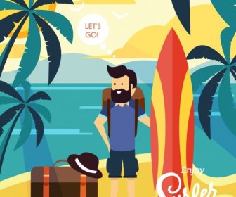 Sea Trip Advertising Man Surfboard Luggage Sea Icons