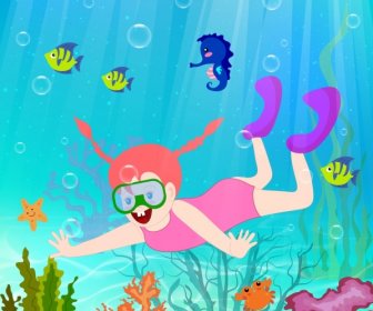 Sea Vacation Background Diving Girl Sea Creatures Icons