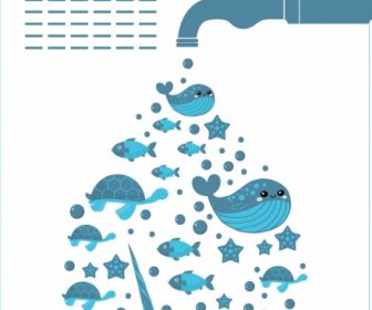 ícones De Animais Marinhos Do Mar água Fundo Torneira