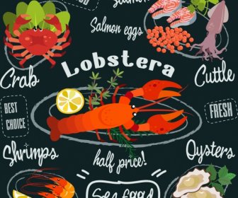 Seafood Advertisement Colorful Icons Calligraphy Decoration