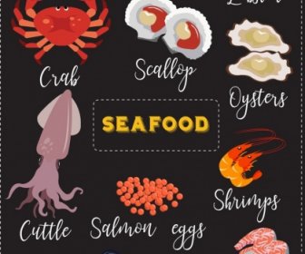 Seafood Advertising Dark Design Various Colored Icons