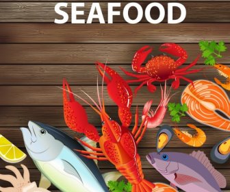 Seafood Iklan Berbagai Warna-warni Spesies Ikon Dekorasi
