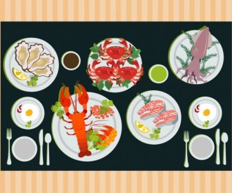 Seafood Advertising Various Dish Icons Decoration