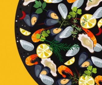 Makanan Laut Latar Belakang Masakan Segar Ikon Dekorasi Warna-warni