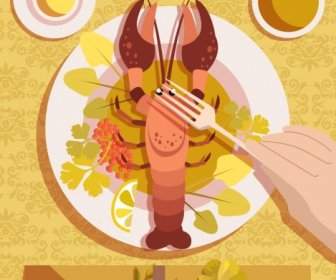 Seafood Latar Belakang Lobster Piring Ikon Tangan Dekorasi Klasik