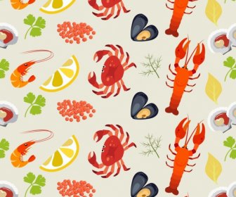 Seafood Background Multicolored Repeating Marine Species Icons