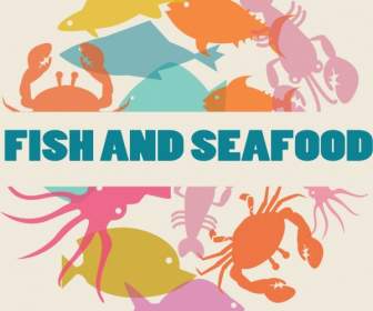 Seafood Latar Belakang Warna-warni Silhouette Berbagai Ikon Yang Datar