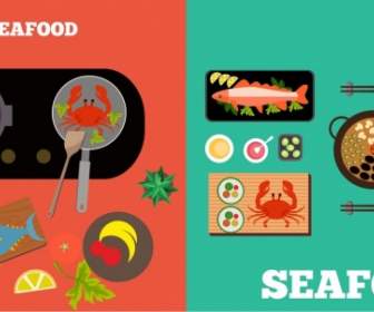 Seafood Background Sets Multicolored Flat Design