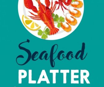 Seafood Banner Dish Crab Lobster Prawn Icons Decor