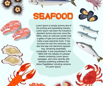 Seafood Banner Various Colored Species Icons Decoration