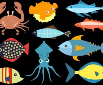 魚介類のアイコン コレクション濃い色のフラットなデザイン