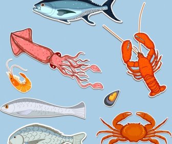 Koleksi Ikon Seafood Warna-warni Dekorasi Dipotong Kertas