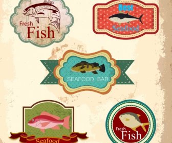Seafood Labels Collection Various Retro Shapes Isolation