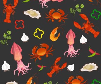 Seafood Pattern Dark Multicolored Decor Repeating Icons