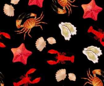 Pola Makanan Laut Bintang Laut Ikon Lobster Cangkang Kepiting Tiram