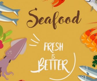 Seafood Poster Colored Marine Species Icons Decor
