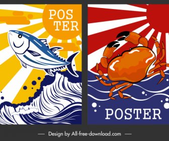 Seafood Poster Fish Crab Icon Colorful Classical Decor