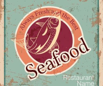 シーフードレストラン広告グランジレトロなデザインの魚のアイコン