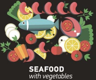 Makanan Laut Dengan Sayuran Vektor