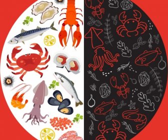 Seafoods Background Multicolored Circle Layout