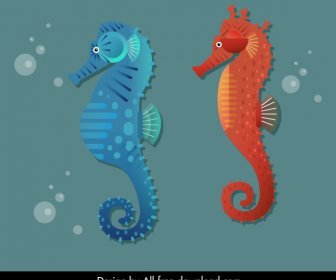 Seahorse Icons Colored Flat Sketch