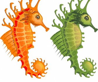 морской конек иконы макет дизайна оранжевый зеленый рисунок