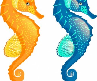 Kuda Laut Ikon Mockup Desain Mengkilap Dekorasi Biru Kuning