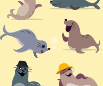 Seal Icons Collection Various Funny Gestures Cartoon Style