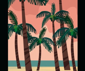 해변 장면 페인팅 코코넛 나무 스케치 복고풍 디자인