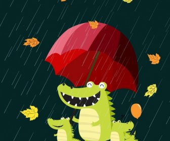 Season Background Stylized Green Crocodiles Umbrella Rain Icons