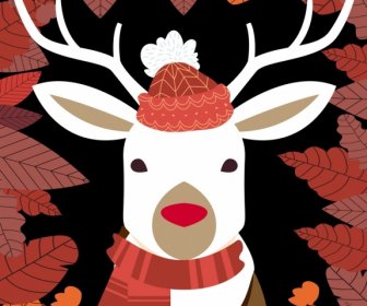 Seasonal Background Stylized Reindeer Icon Red Leaves Decor