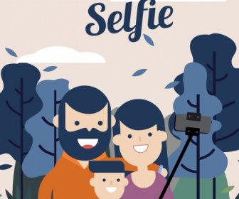 Selfie Banner Happy Family Icon Kartun Berwarna