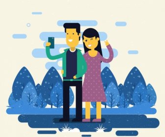 selfie drawing happy couple icon colored cartoon