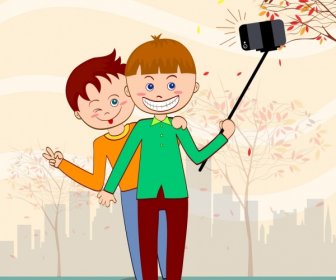 Selfie Drawing People Camera Icons Cute Cartoon Design