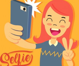 Selfie Drawing Young Girl Smartphone Icons