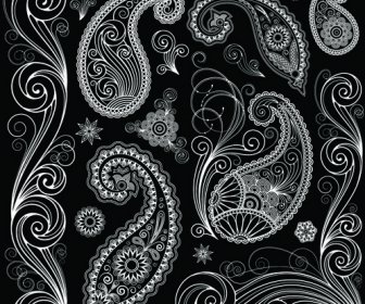 Set Of Black And White Paisley Pattern Vector Graphics