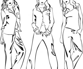 Set Of Fashion Girl Pencil Sketch Vector