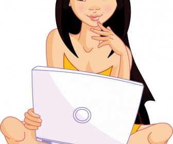 Set Of Girl With Computer Design Elements Vector