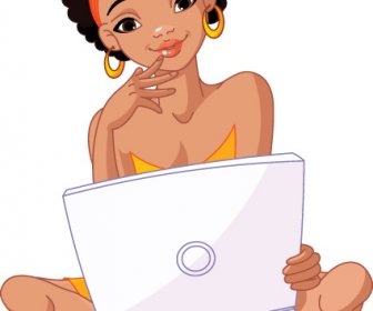 Set Of Girl With Computer Design Elements Vector