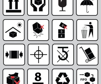 set of packaging symbols this side up handle with care fragile keep dry keep away from direct sunlight do not drop do not litter use only the trolley use fifo system max carton recyclable