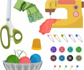 Elementi Di Progettazione Di Lavoro Di Cucito Icone Macchine Utensili Colorate