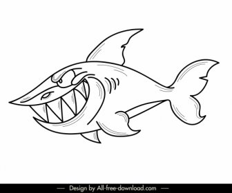 Shark Icon Cartoon Character Black White Hanndrawn Design