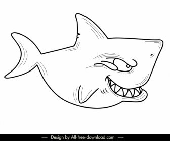 ไอคอนปลาฉลามการ์ตูนร่างการ์ตูนตลกแบนออกแบบ Handdrawn