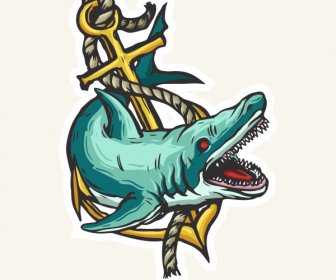 Köpekbalığı Dövme Simgesi çapa Halat Dekor Korkutucu Tasarım
