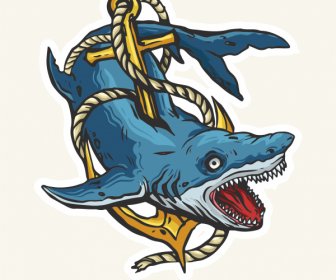Köpekbalığı Dövme Simgesi Renkli Retro Korkutucu Eskiz